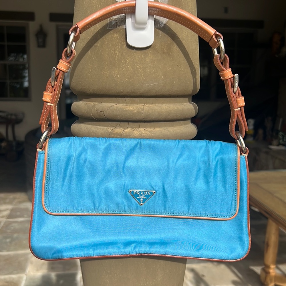 PRADA MINI NYLON & LEATHER BLUE PURSE